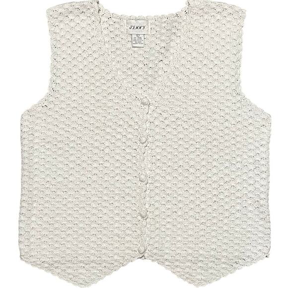 VTG Jenny Crochet Cardigan Sweater Vest Large Button Down Textured Ivory Boho - Picture 1 of 6